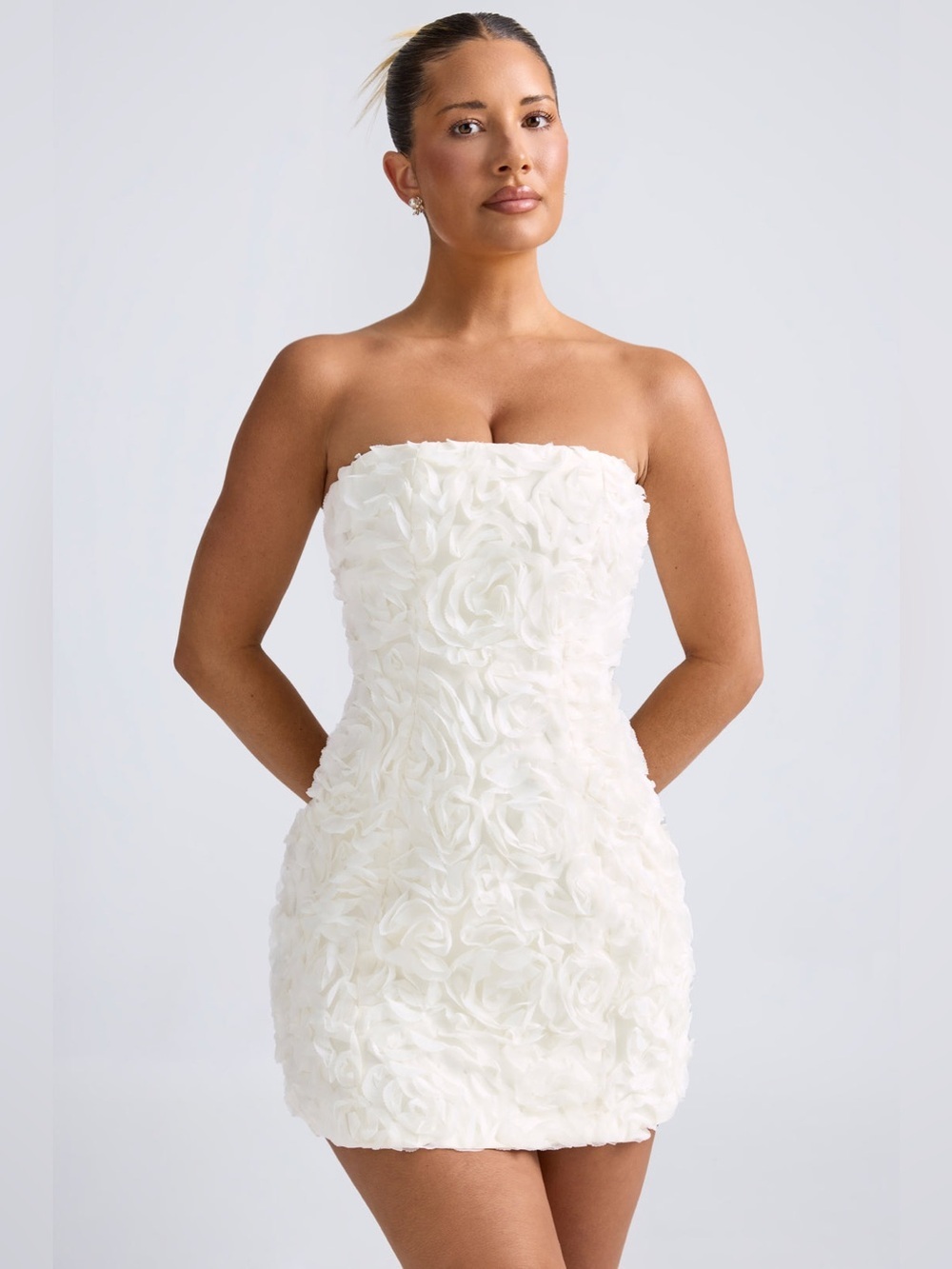 Oh Polly Azaelea Floral-Appliqué Bandeau A-Line Mini Dress in White